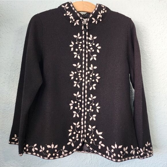 Coldwater Creek embrodery beaded 100% wool cardigan zip up - Picture 2 of 11